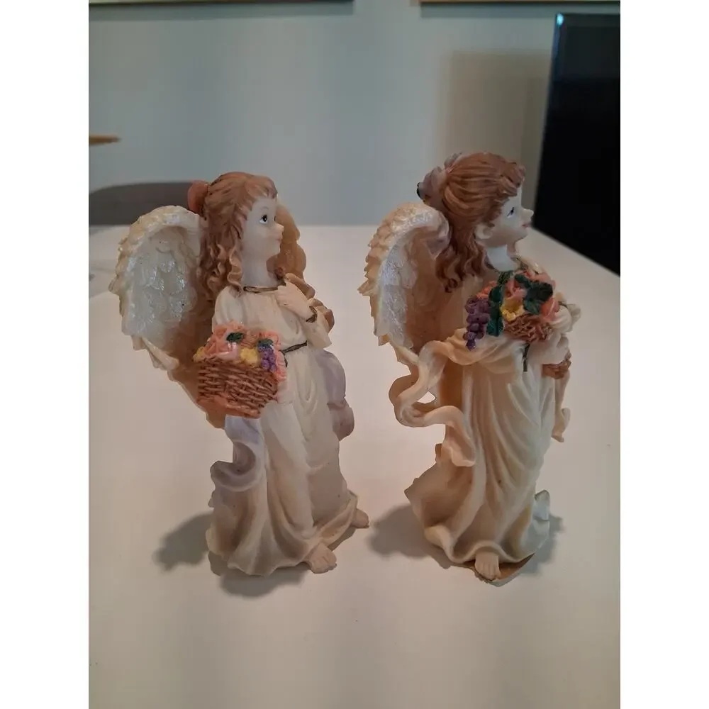Vintage Resin Angel Figurines Lot Of 2 Guardian Angels With Flowers Basket...